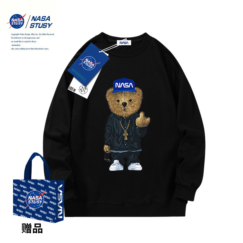 NASA tide brand bear couple thick T-shirt men's design sense niche long-sleeved autumn and winter American student loose coat