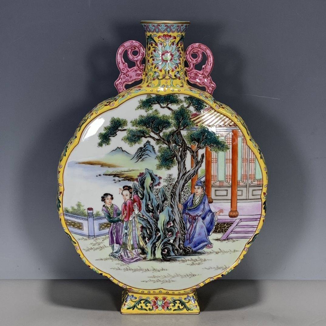 中国古美術/法花皇后侍女隻耳龍抱月瓶/保存箱付/清代/