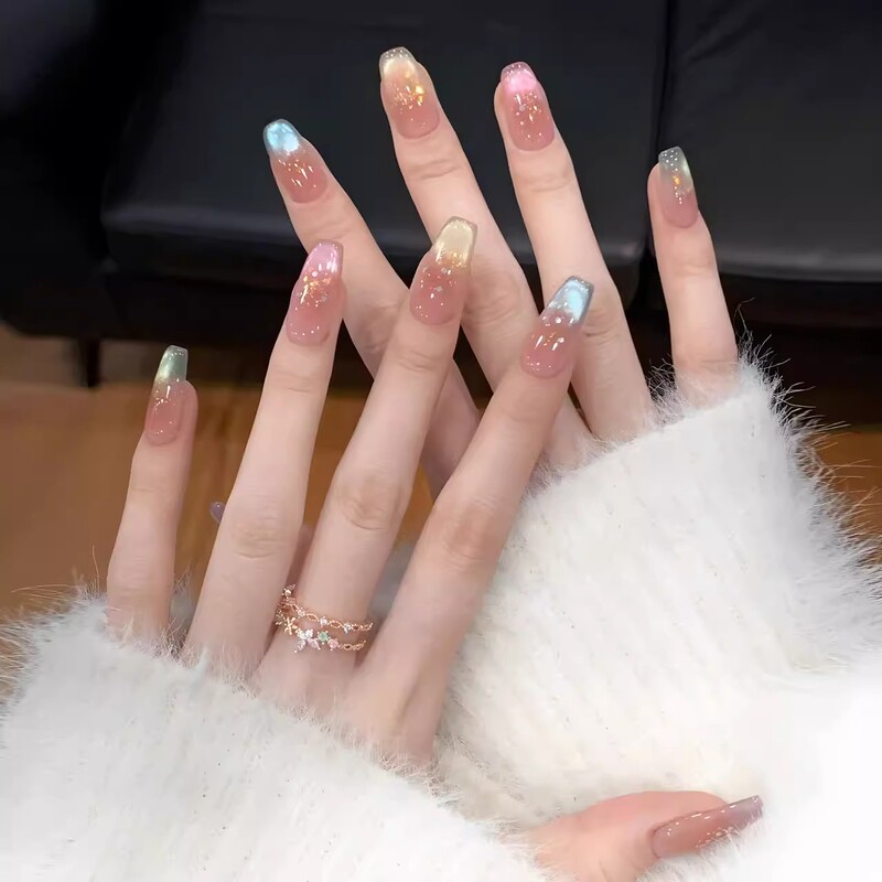 Macaron Rainbow Glass Bead Cat Eye Gradient Fake Nails ins New Style Handmade Wearable Nail Art Patch