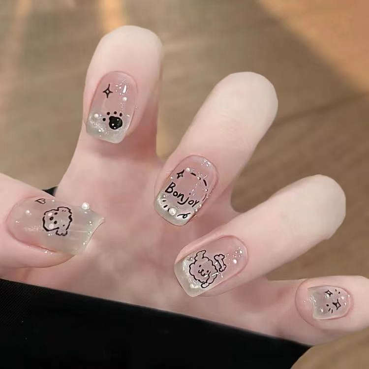 Cartoon Cute Puppy Nail Art for Children, Short Style, Student Pearl Cat Eye Nail Art, High-End Nail Stickers That Enhance Complexion