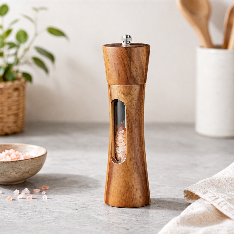 Solid Wood Pepper Grinder Kitchen Acrylic Transparent Pepper Sea Salt Black Pepper Mill Ceramic Grinding Core Seasoning Bottle