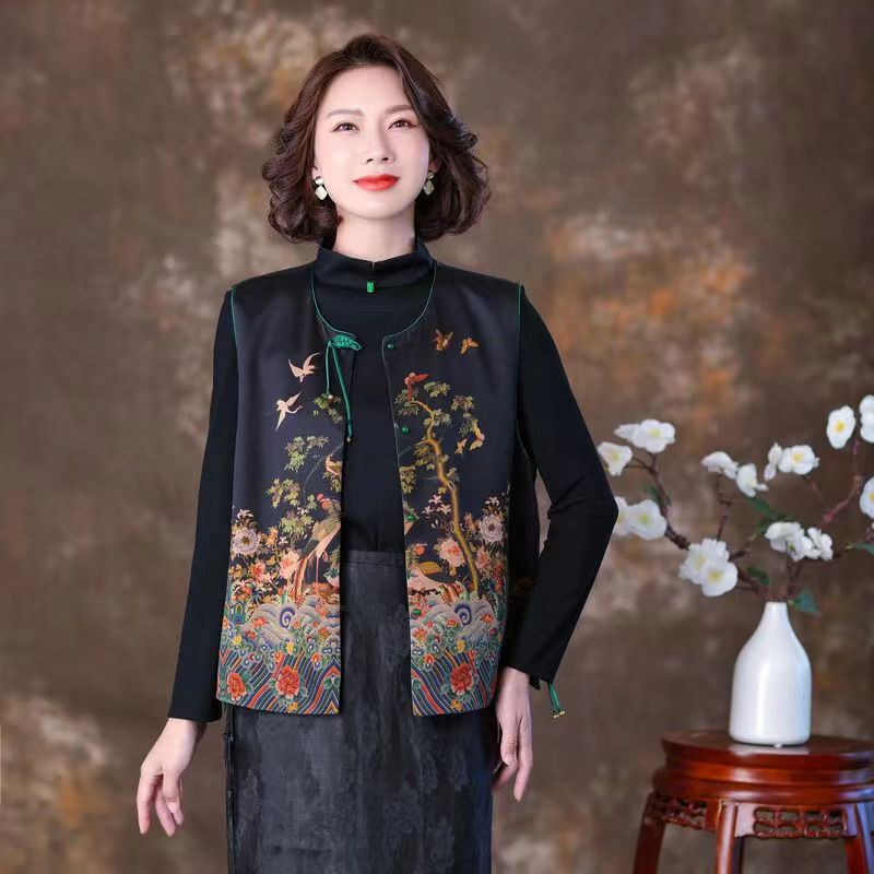 Women's Spring Thin Silk Vest for Mothers, New Fashion Style for Middle-Aged and Elderly Women, National Style Reversible Vest