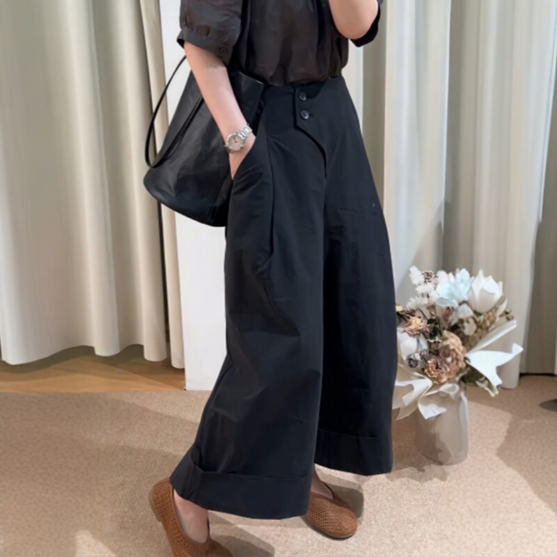 Black High-Waisted Double-Button Casual Pants for Women, New Summer Style, Plus Size, Loose Fit, Slimming, Pear-Shaped Body, Cropped Wide-Leg Pants Black High-Waisted Double-Button Casual Pants for Women, New Summer Style, Plus Size, Loose Fit, Slimming, Pear-Shaped Body, Cropped Wide-Leg Pants