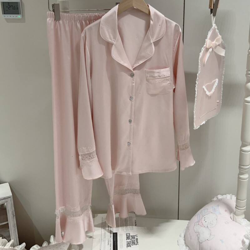 French-Style Light Luxury Women's Ice Silk Pajamas, Spring and Autumn Long-Sleeve Long-Pants Set, Women's Lace Hollow-Out Sequin Loungewear French-Style Light Luxury Women's Ice Silk Pajamas, Spring and Autumn Long-Sleeve Long-Pants Set, Women's Lace Hollow-Out Sequin Loungewear