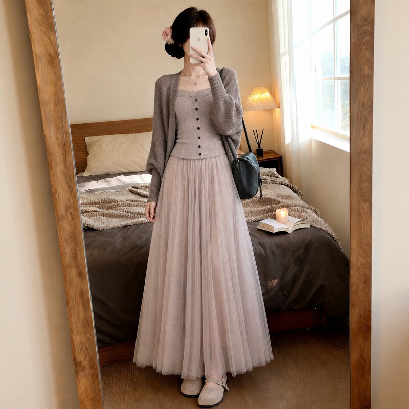 Gentle Style Suit for Women, Autumn Knitted Cardigan Jacket, Lace Halter Top, Mesh Half-Length Skirt, Three-Piece Set