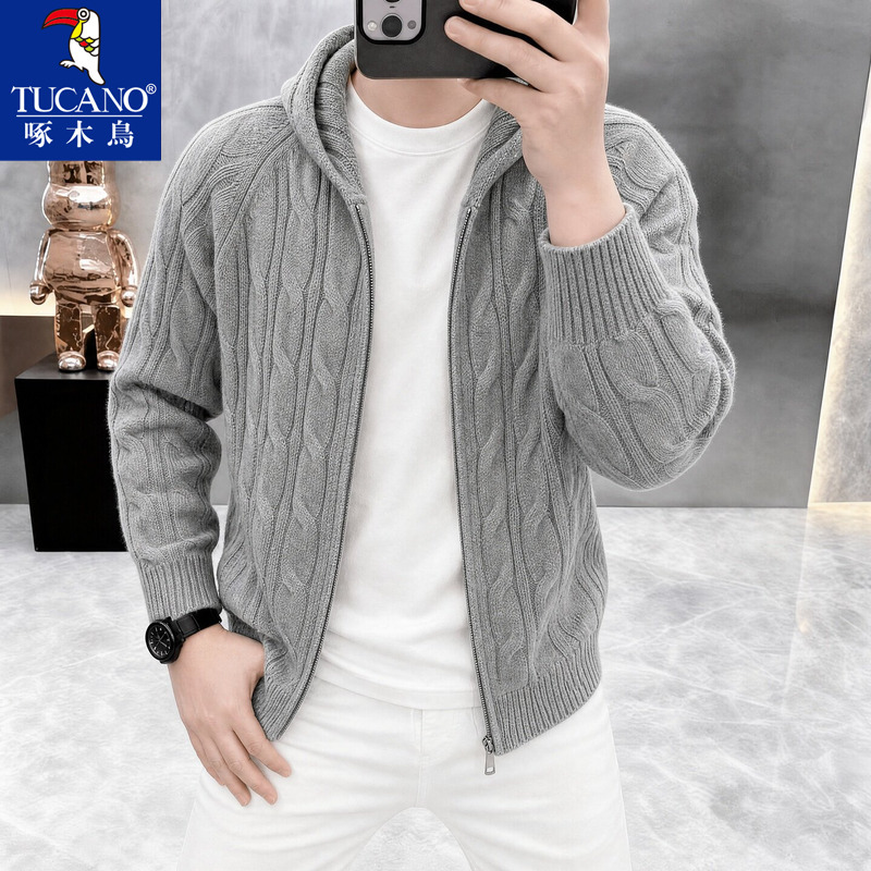 Woodpecker Autumn Luxury Textured Men's Hooded Zipper Cardigan Sweater, Soft and Skin-Friendly Cable Knit Jacket
