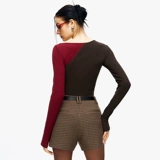 Tr Она горячая малиновая ядро ​​шоколадное коричневое вино красное контрастное сплайсинг нерегулярный полый дизайн верхняя рубашка