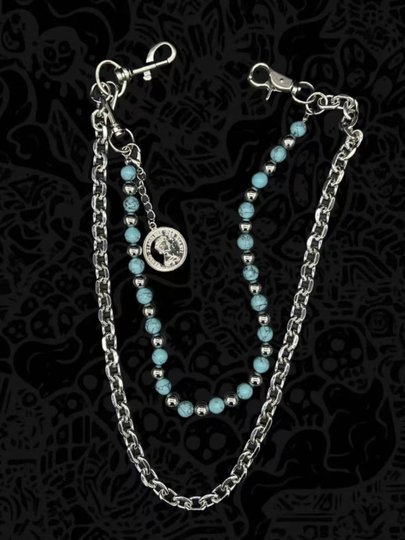 灵魂对撞 SoulCollision 蓝底黑纹松石手工串珠牛仔裤链复古街头