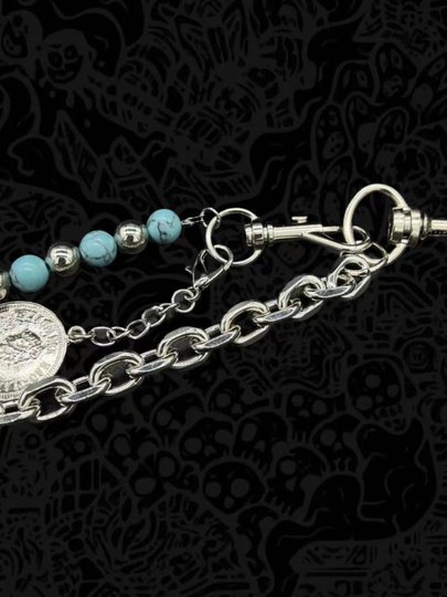 灵魂对撞 SoulCollision 蓝底黑纹松石手工串珠牛仔裤链复古街头