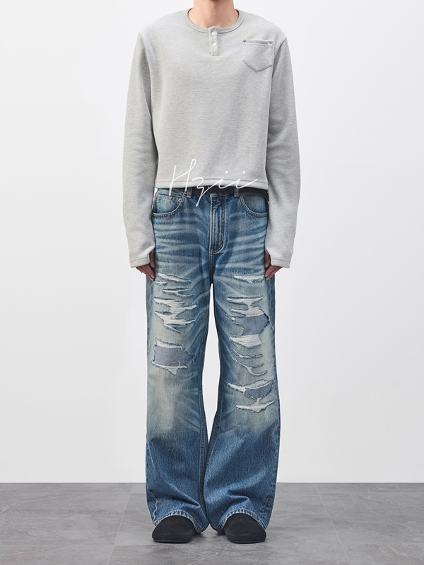 Hzii02 Black and Blue Patchwork Distressed Straight-Leg Baggy Jeans with Three-Dimensional Whiskers, Washed by Master Xue