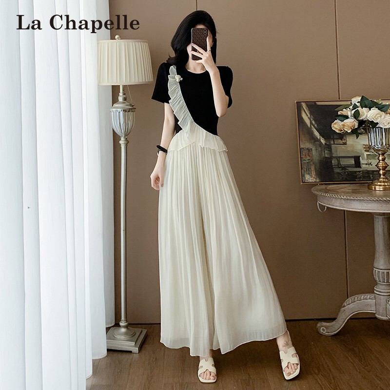 La Chapelle Brand Lace Patchwork Short-Sleeve Skirt Suit, Fashionable Summer Outfit for Women, Complete Set for a Slimming Look