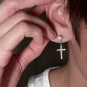 Cross Zircon Earrings for Men and Women, Single Earring, European and American Style, Cool and Hip-Hop Style, Trendy and Retro
