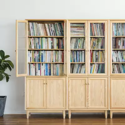 South window bookcase] Original design glass cabinet door solid wood mortise and wax wood black walnut bookshelf View spring wood industry