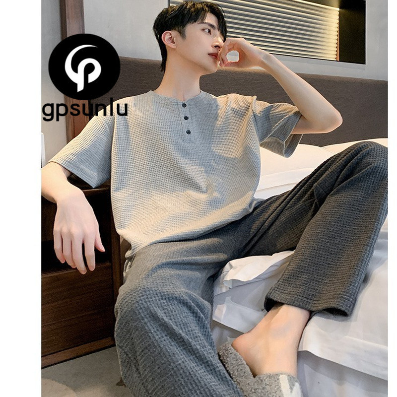 Japanese Niche Gp Pure Cotton Short-Sleeved Pajamas for Men, Summer Long Pants, Korean Style ins Round Neck Outerwear Loungewear Set