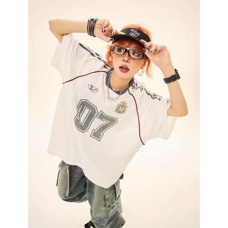 American Retro Street Style Mesh Graffiti Rugby Jersey Short-Sleeved T-Shirt for Men and Women, Summer Loose Half-Sleeve Top, Trendy