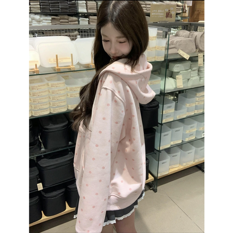 Gentle Pink Polka Dot All-Over Print Cardigan Hooded Sweatshirt for Women, Spring and Autumn, High-End, Niche, Sweet, Age-Reducing Jacket Gentle Pink Polka Dot All-Over Print Cardigan Hooded Sweatshirt for Women, Spring and Autumn, High-End, Niche, Sweet, Age-Reducing Jacket