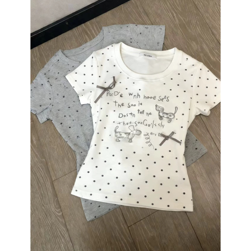 Korean-Style Polka Dot Puppy Letter Embroidery Short-Sleeve T-Shirt for Women, Summer Slim-Fit Round Neck Regular Shoulder Bow Top Korean-Style Polka Dot Puppy Letter Embroidery Short-Sleeve T-Shirt for Women, Summer Slim-Fit Round Neck Regular Shoulder Bow Top