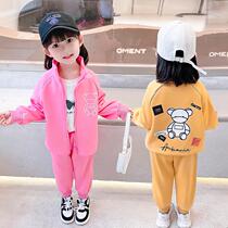 Girls sportswear suit 2022 foreign style spring and autumn childrens little girl sweater cardigan Korean casual two-piece set