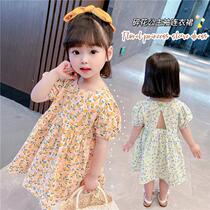 Girls summer dress childrens clothing Korean version open back floral skirt baby short-sleeved little girl foreign style princess skirt
