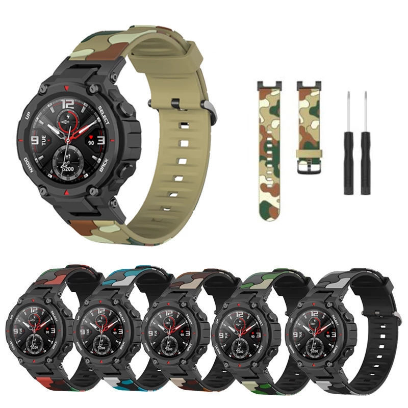 Suitable for Amazfit T-Rex Pro Watch Strap, Huami Smart Watch Tyrannosaurus Rex Replacement Watch Strap A1918 Outdoor Sports A2011 Breathable Silicone Camouflage Bracelet Trex2 Metal Wristband
