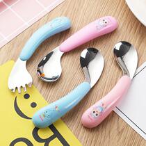 Elbow spoon fork suit cartoon 304 stainless steel children cutlery crooked head spoon fork baby learn to eat and spoon
