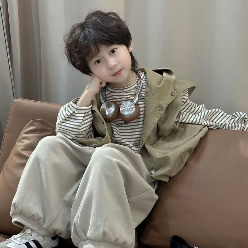 Wu Liuyi 2026 Korean Style Trendy Boys' Spring Outfit Versatile Hooded Work Vest, Lantern Pants, Striped Shirt Set