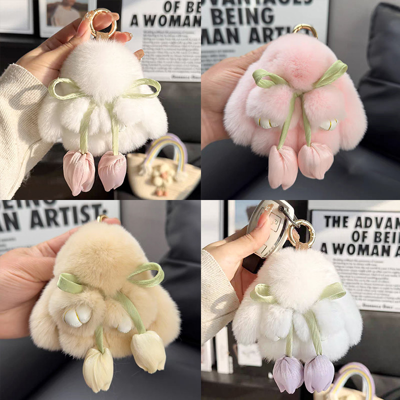 Authentic plush rabbit doll, cute little bunny, Rex rabbit fur plush toy, car keychain, mini bag charm