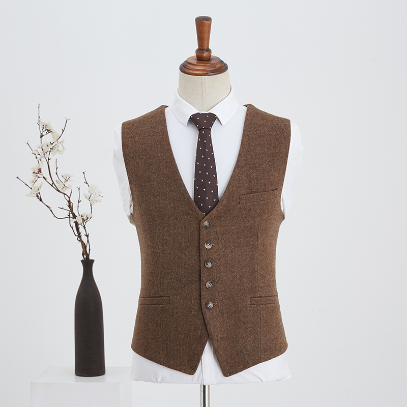 Italian-Style European and American Herringbone Wool Vest, New Winter Slim-Fit Retro Cool Coffee-Colored Vest for Men