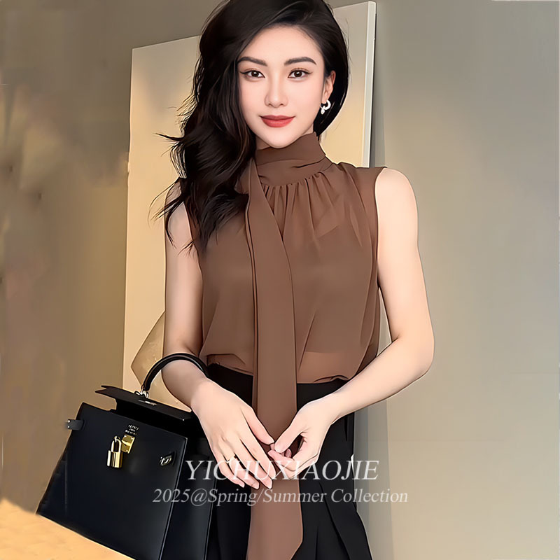 French-Style High-End Elegant Ribbon High-Neck Sleeveless Shirt for Women, New Summer Fashion, Simple and Loose Tank Top