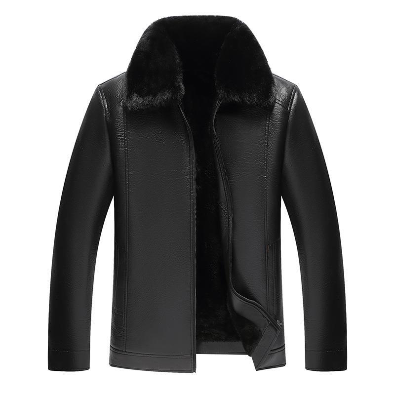 Winter Thickened Fleece-Lined Warm Fur Collar Short Pu Leather Jacket for Middle-Aged Men, Casual Outerwear for Middle-Aged and Elderly Men