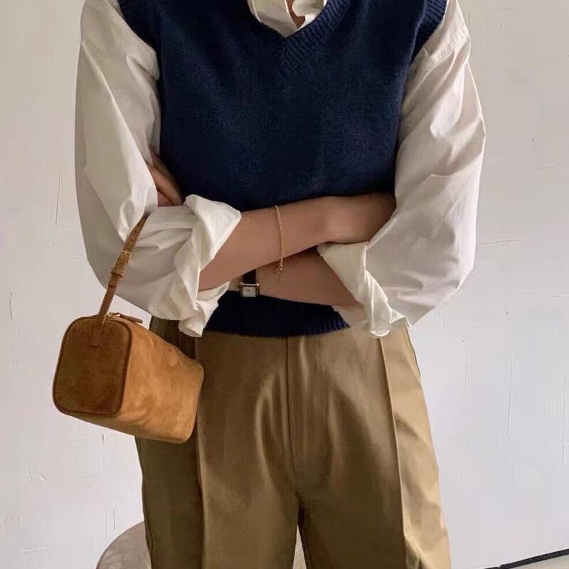 Niche Design Row Pen Holder Bag Suede Underarm Bag 90S Bag Mini Small Square Bag Genuine Leather Handbag Pencil Case Bag