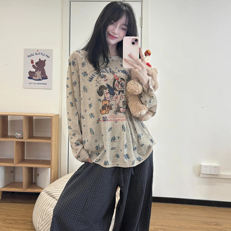 Sin Glee Retro Floral Rocking Horse Long-Sleeved Pajamas for Women Early Autumn Can Be Worn Outside Plaid Pants Home Wear Set