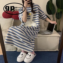 Japanese niche GP white goose striped nightgown for women 2023 new summer pure cotton high-end pajamas home clothes
