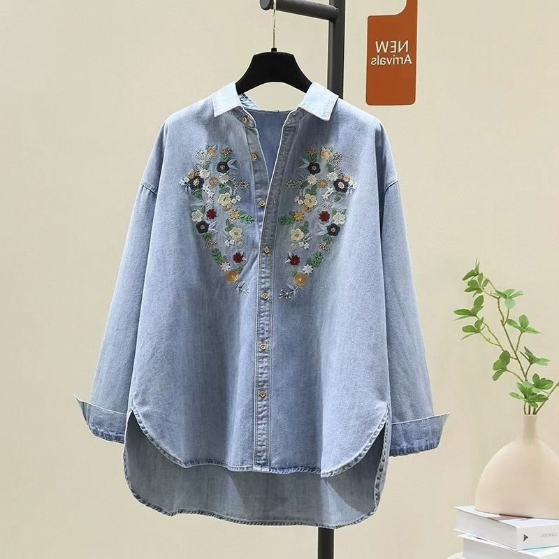 Non-Curling Retro Embroidered Denim Shirt Jacket for Women, Spring and Autumn 2026 New Style, Loose Design, Long-Sleeved Top