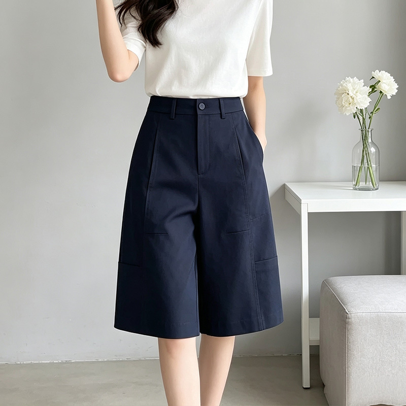 Navy Blue Suit-Style Shorts for Women, Summer 2026 New Trendy High-Waisted Thin Casual Mid-Length Shorts