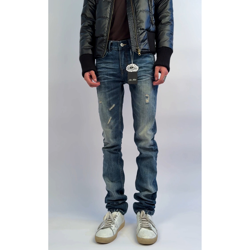 [Keep Piling up] Am Dark Blue Ghost Claw Skinny Slim-Fit Washed Heavy Whiskered Denim Jeans