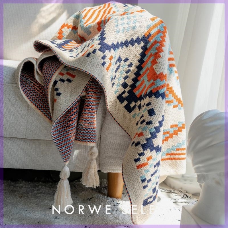 Shawl Blanket Dual-Purpose Bohemian Style Sofa Blanket Ethnic Style Air Conditioning Blanket Homestay Knitted Tassel Bed End Blanket
