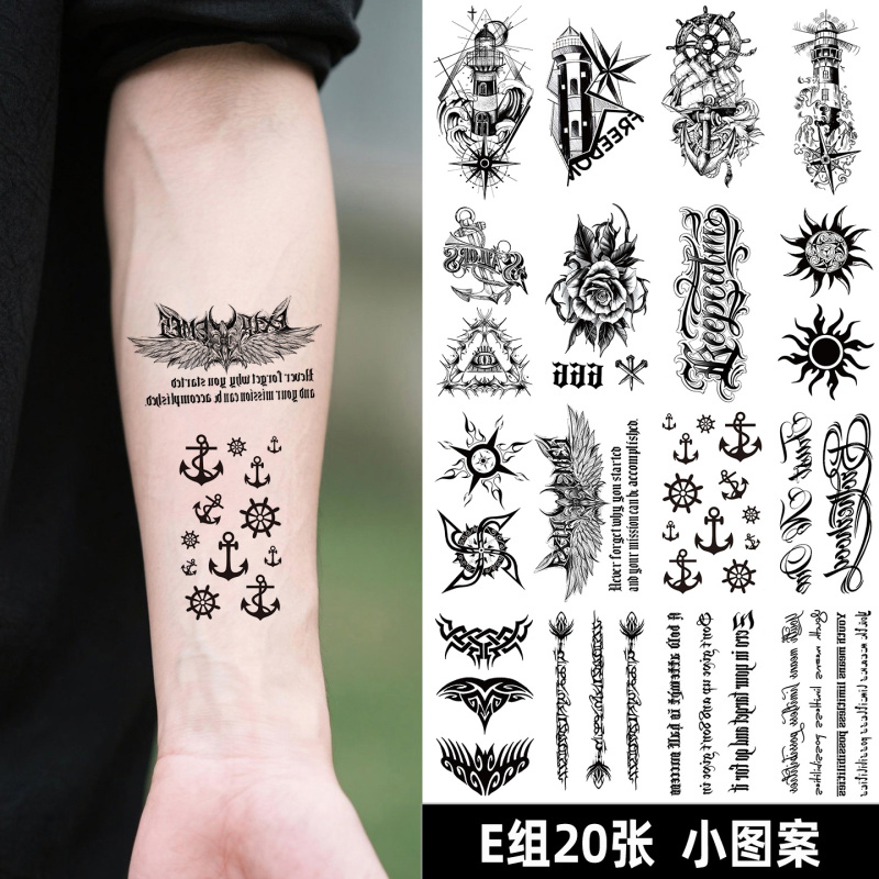 Black Small Pattern Tattoo Sticker for Men, Waterproof, High-End Feel, Wrist Nautical Style, Personalized Totem, Ins Retro Fashion