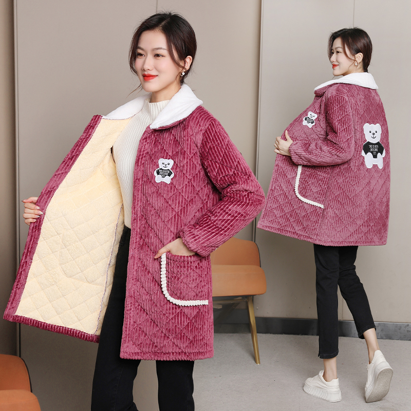 Women's New Winter Smock with Fleece Lining, Thickened Cotton Jacket, Work Clothes, Cotton Coat, Warm and Stain-Resistant, Kitchen Long-Sleeve Apron