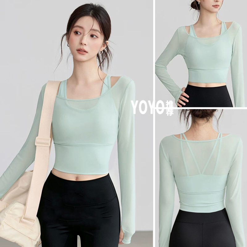 Yoga Clothes for Women in Autum, Slimming Sports Blouse, Fake Two-Piece Long-Sleeved Top with Chest Pad, Running Training Fitness Suit