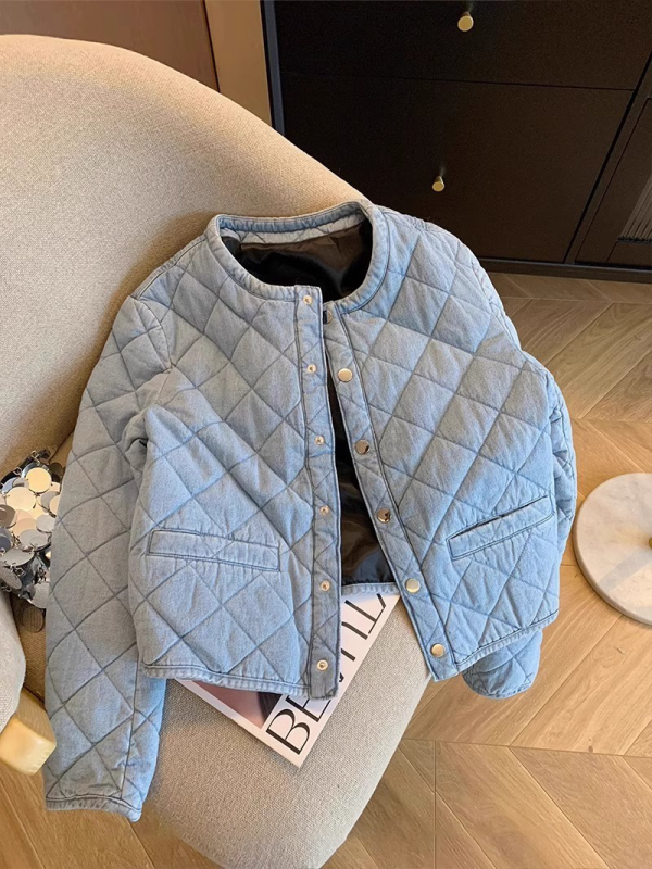 Korean-Style Chanel-Inspired High-End Quilted Denim Padded Jacket for Men and Women, Autumn and Winter, Versatile, Lightweight and Warm Coat