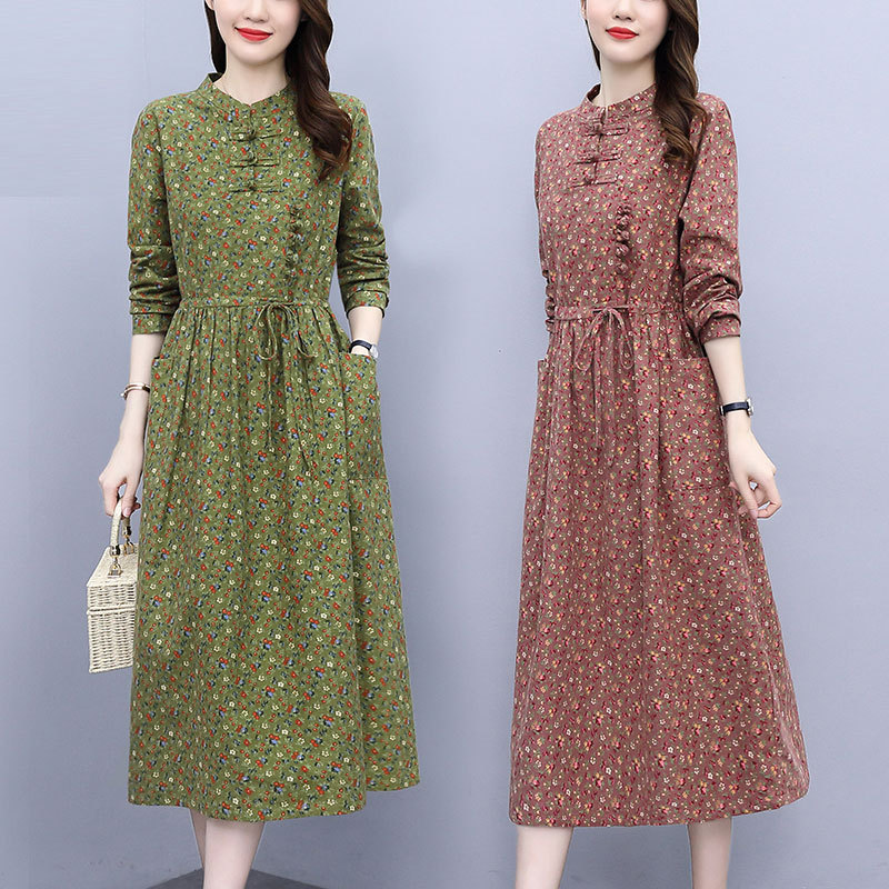 Pure Cotton Brushed Floral Dress for Women, Spring and Autumn 2026 New Style, Waist-Cinching, Elegant, Retro, Buttoned, Stylish Mother's Dress