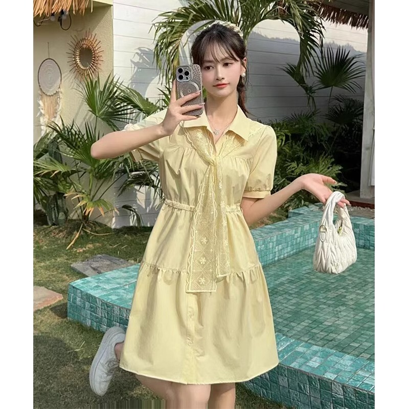 Lace Shawl Shirt Dress for Women 2026 Summer New Fashion Casual Design Drawstring Loose Age-Reducing Dress