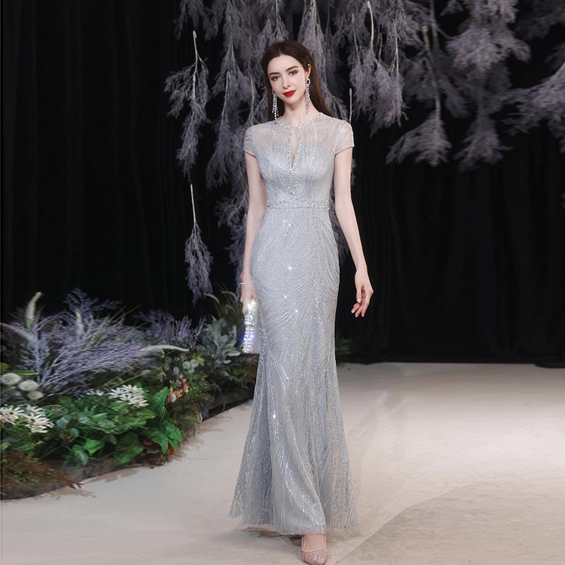 Silver Gray High-End Wedding Engagement Toast Dress Fishtail Coming-Of-Age Ceremony Annual Meeting Host Dress Wedding Dress Evening Dress