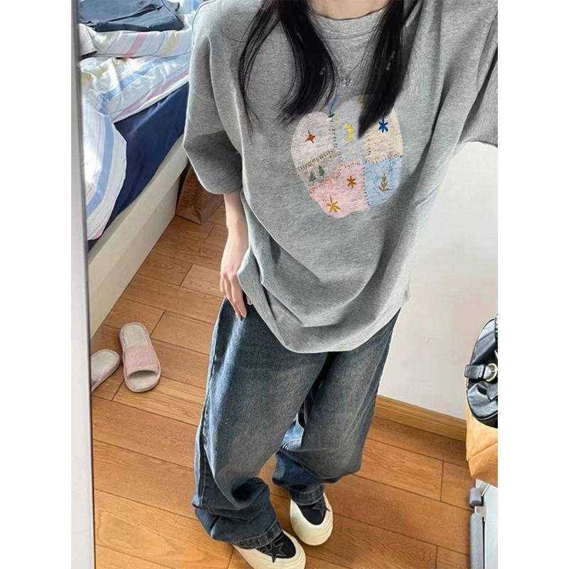 Pure Cotton American-Style Gray Short-Sleeve T-Shirt for Women, Unique Design, Loose Fit, Korean Style, Lazy Style, Half-Sleeve Top for Summer Pure Cotton American-Style Gray Short-Sleeve T-Shirt for Women, Unique Design, Loose Fit, Korean Style, Lazy Style, Half-Sleeve Top for Summer