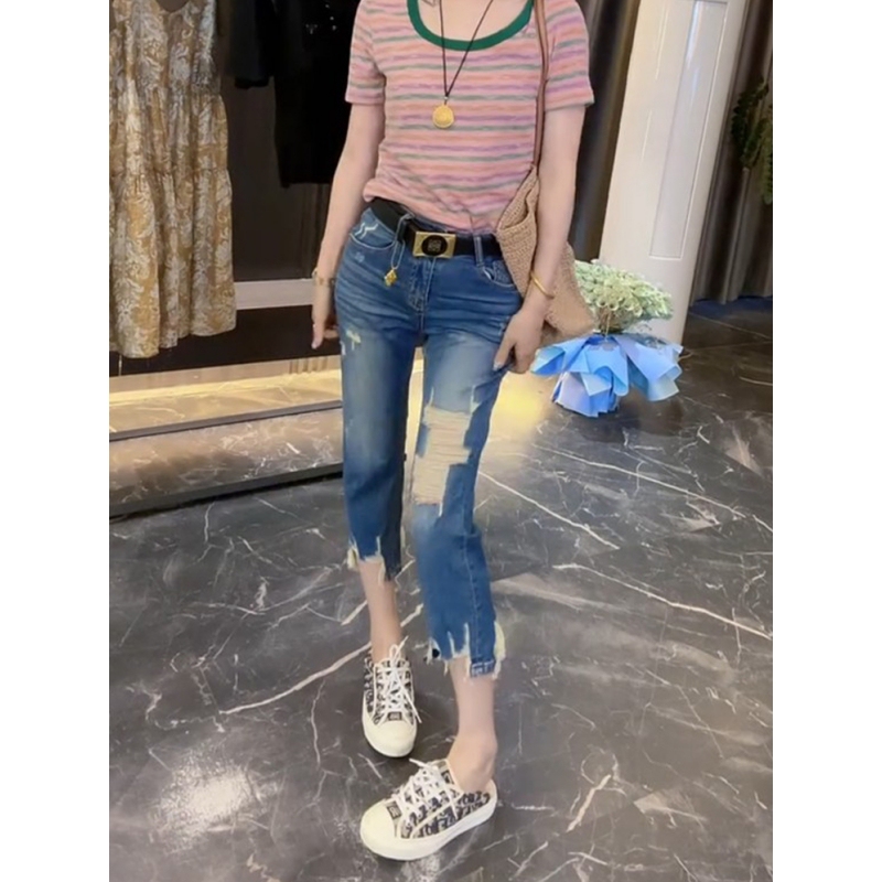 Irregular Ripped Cropped Straight-Leg Jeans for Women, Summer Thin New Style, Plus Size, Stretchy Distressed Cigarette Pants
