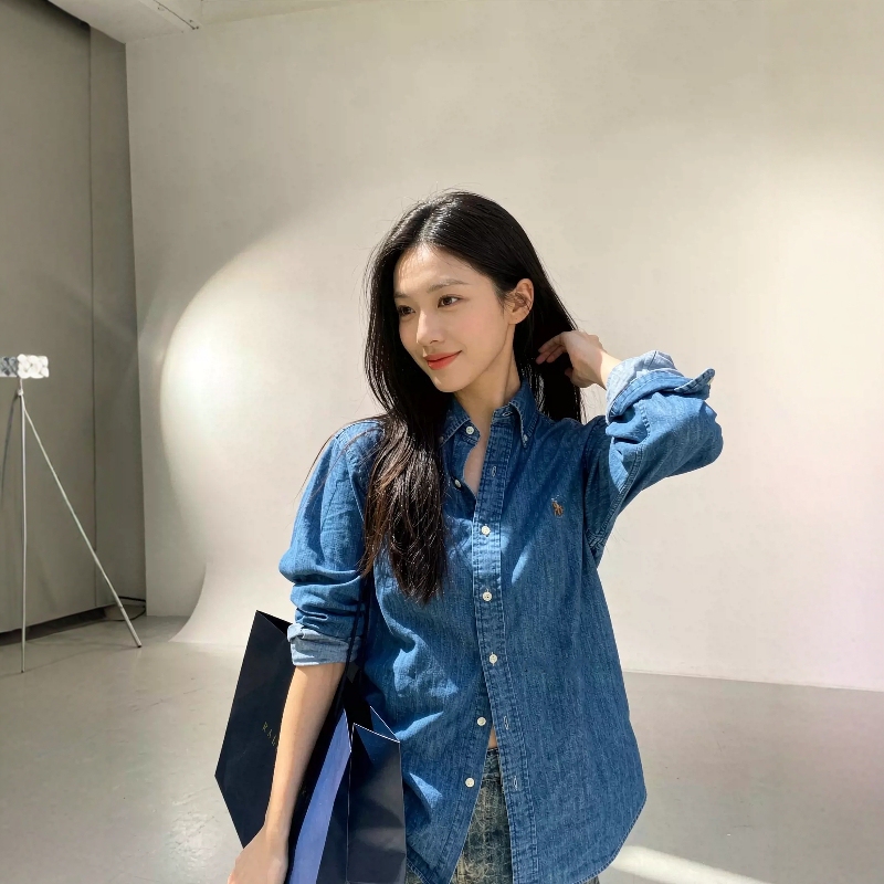 In Stock Ralph Lauren Classic Retro Women's Denim Long-Sleeve Shirt Casual Blouse for Women