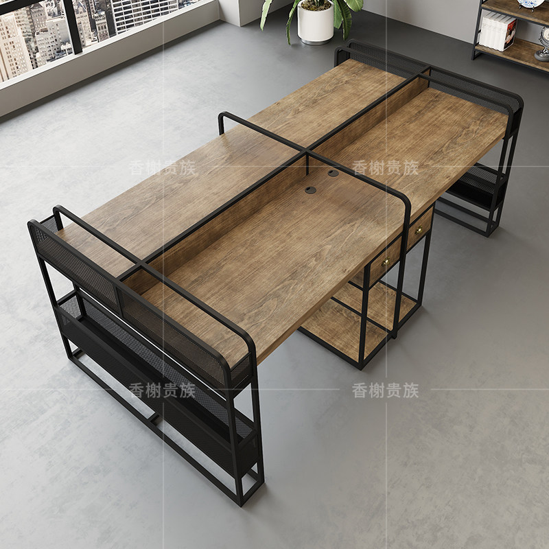 Solid Wood Finance Desk Chair Combination Brief Iron Art 4 People 4 People's Desk Computer Desk Staff Table Station