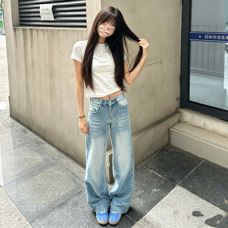 American-Style Washed Blue Wide-Leg Jeans for Women, 2026 Spring and Summer New Low-Waist Loose Straight-Leg Pants, Vintage Long Trousers