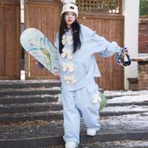 LMDSNOW original ski suit light blue baby blue bow jacket waterproof warm plus cotton veneer